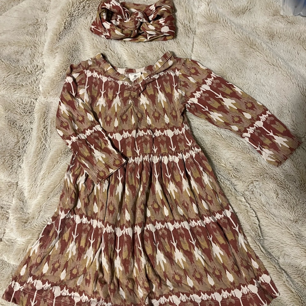 Kate Quinn Brown and Cream Patterned Kids Dress with Headband